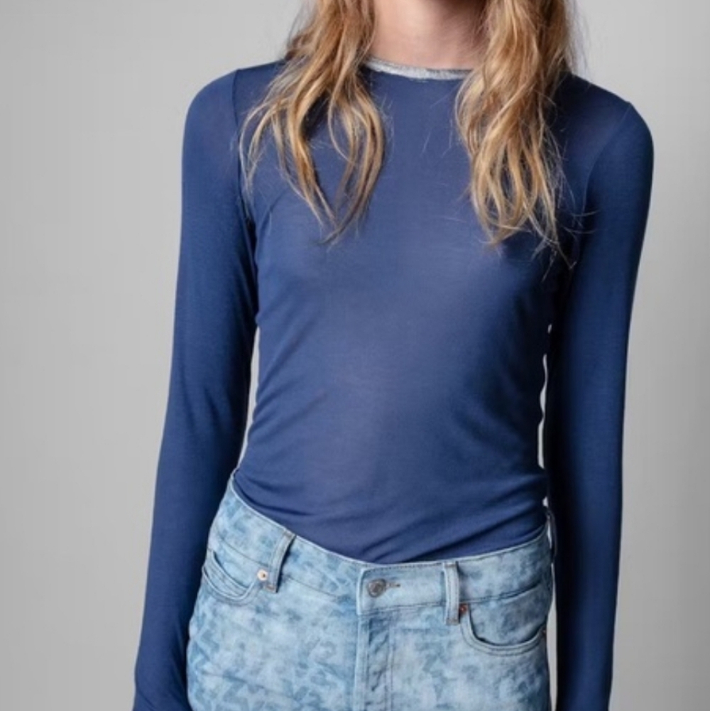 Zadig & Voltaire "Willy Foil" T-shirt Navy Blue Long Sleeve Top with Silver Trim